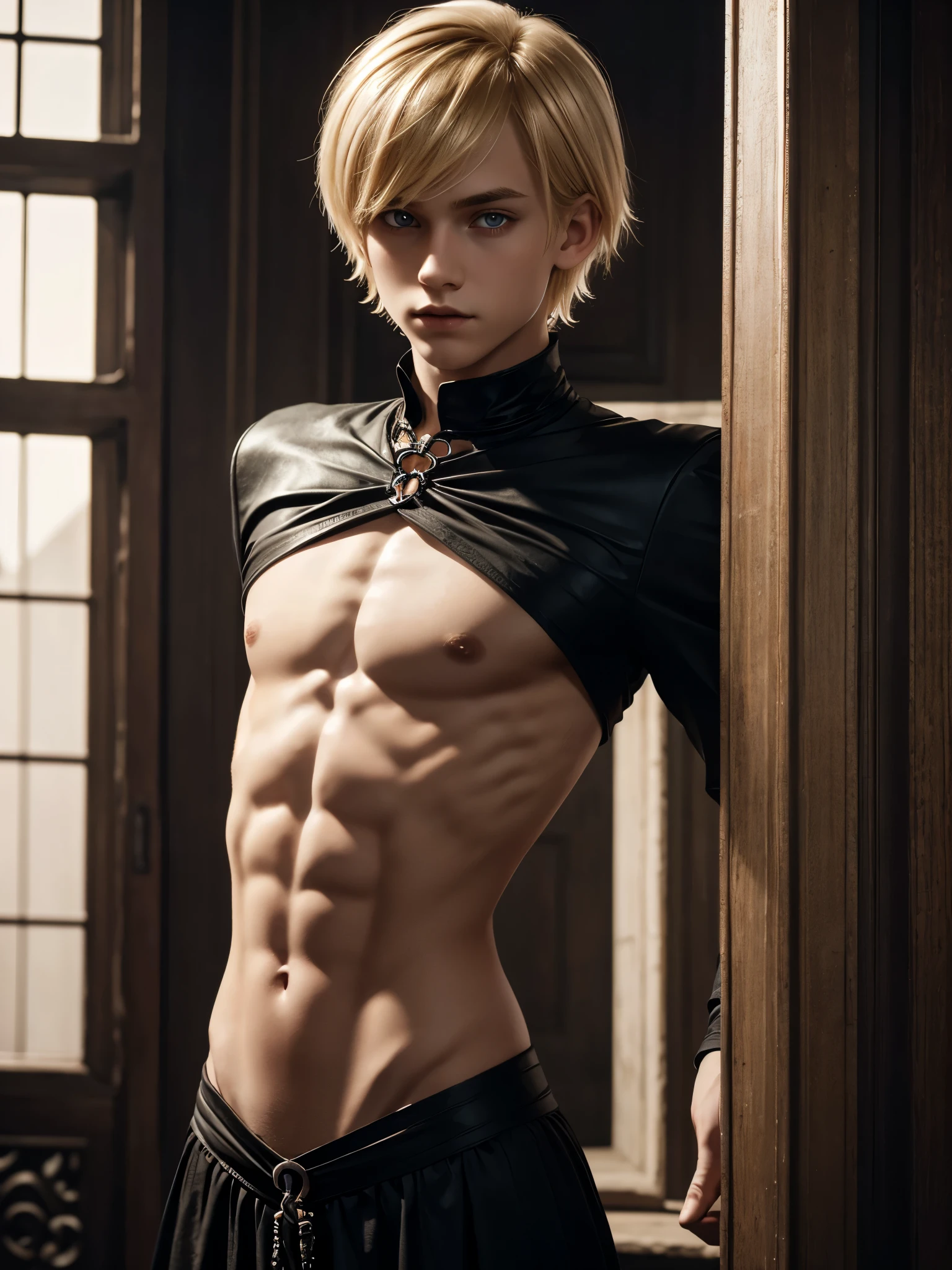 (best quality), 1boy, male, porcelain skin, blonde hair, short hair, straight hair, side swept bangs, brown eyes, perfect eyes, (gothic clothes), dark fantasy, skinny body, masterpiece, anatomically correct, highres