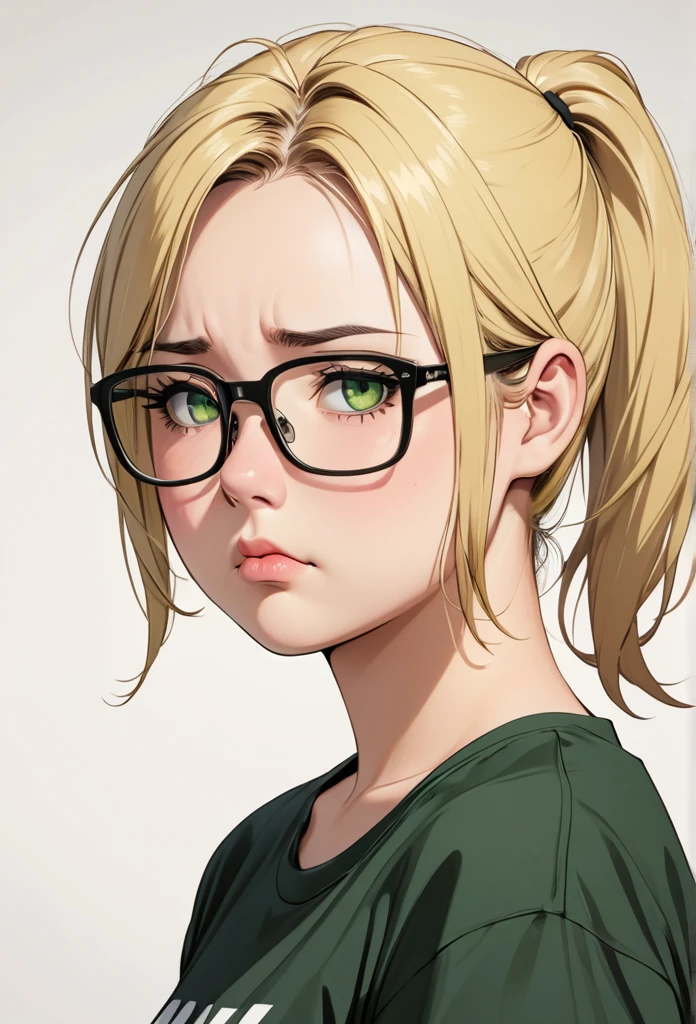 chubby girl, adult girl, blonde, open forehead, no bangs, green eyes, black square-rimmed glasses, Ponytail, sad look, short hair