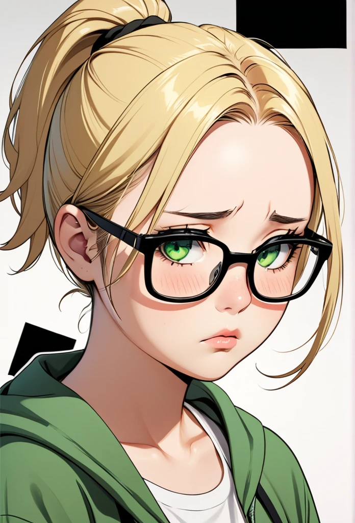 chubby girl, adult girl, blonde, open forehead, no bangs, green eyes, black square-rimmed glasses, Ponytail, sad look, short hair
