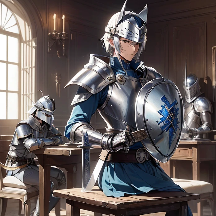 High Resolution, Masterpiece, fantasy genre, HD, High Quality, Backlighting, Overexposure, Optical Illusion, Silhouette, 
Anime Style, Digital Art, Multiple Views
{{((french soldier: (silver knight squared helmet, blue and yellow tunic, silver shoulder plates, silver elbow plates, silver steel belt, silver gauntlets(knight long sword)), (sitting on a simple wooden chair, holding his sword and shield),(modern french city, common people walking around))}}