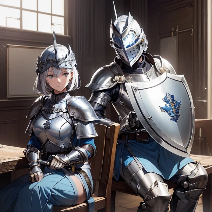 High Resolution, Masterpiece, fantasy genre, HD, High Quality, Backlighting, Overexposure, Optical Illusion, Silhouette, 
Anime Style, Digital Art, Multiple Views
{{((french soldier: (silver knight squared helmet, blue and yellow tunic, silver shoulder plates, silver elbow plates, silver steel belt, silver gauntlets(knight long sword)), (sitting on a simple wooden chair, holding his sword and shield),(modern french city, common people walking around))}}