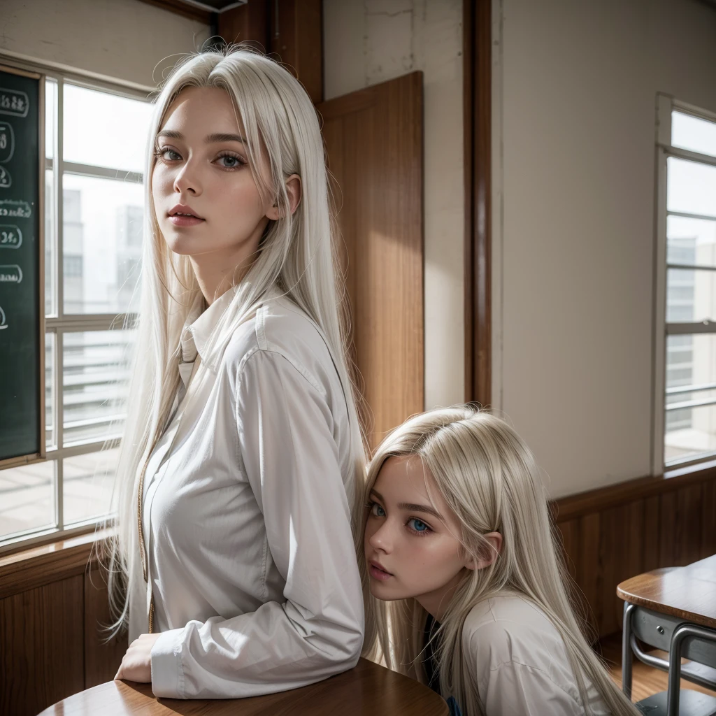 Tall beautiful woman with white hair in a school