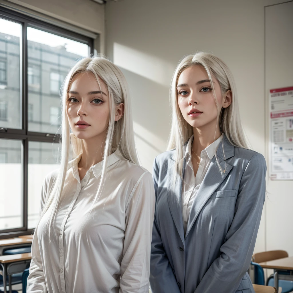 Tall beautiful woman with white hair in a school