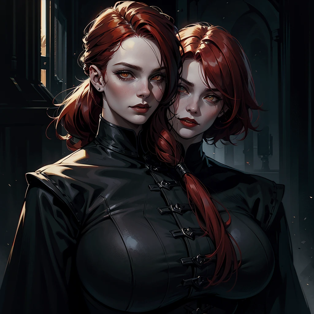 Woman with red hair and yellow eyes in black shirt, white lips, huge breasts, ponytail, smiling, Vampire Girl, Dark, But detailed digital art, dark fantasy style art, Portrait of a vampire, androgynous vampire, Dark art style, style of charlie bowater, gothic horror vibes, tom bagshaw artstyle, gothic art style, dark fantasy portrait, neoartcore and charlie bowater