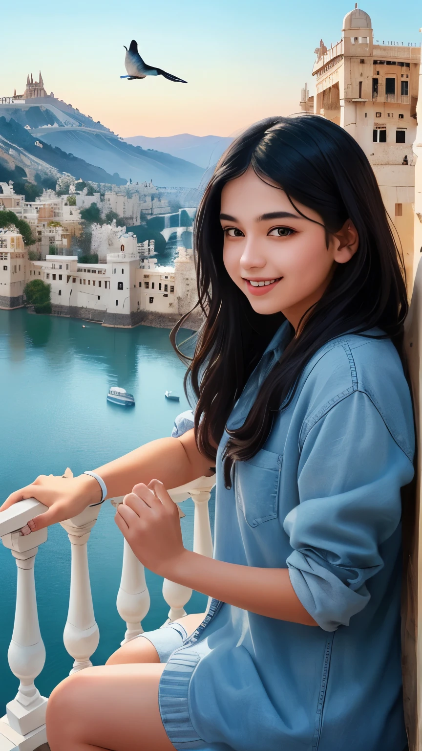 ((best quality)), ((masterpiece)), (detailed), A digital illustration of a teenage girl with long black hair smiling at a blue and white bird perched on her hand, with a background of Udaipur city.