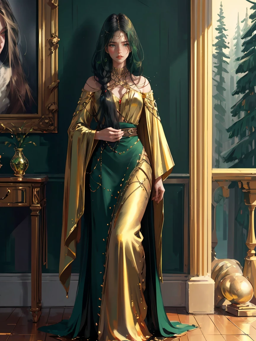 Long dark green hair, dark brown eyes, gloss lips, front look, close up, portrait, beautiful gold eyes, druid female, straight hair cut, clear skin, young years girl, adult girl, solo, very long hair, ankle length hair, handsome older WOMAN,Hyperresolution,accuracy,Detailed rendering,(Image of fine hair)(topquality)(Masterpieces of masters)(High degree of completeness)(A sense of atmosphere)tmasterpiece,Super detailed and super detailed(((half-body portrait)))(((Older woman)))(((Druid female standing in a forest)))(((Young looking)))