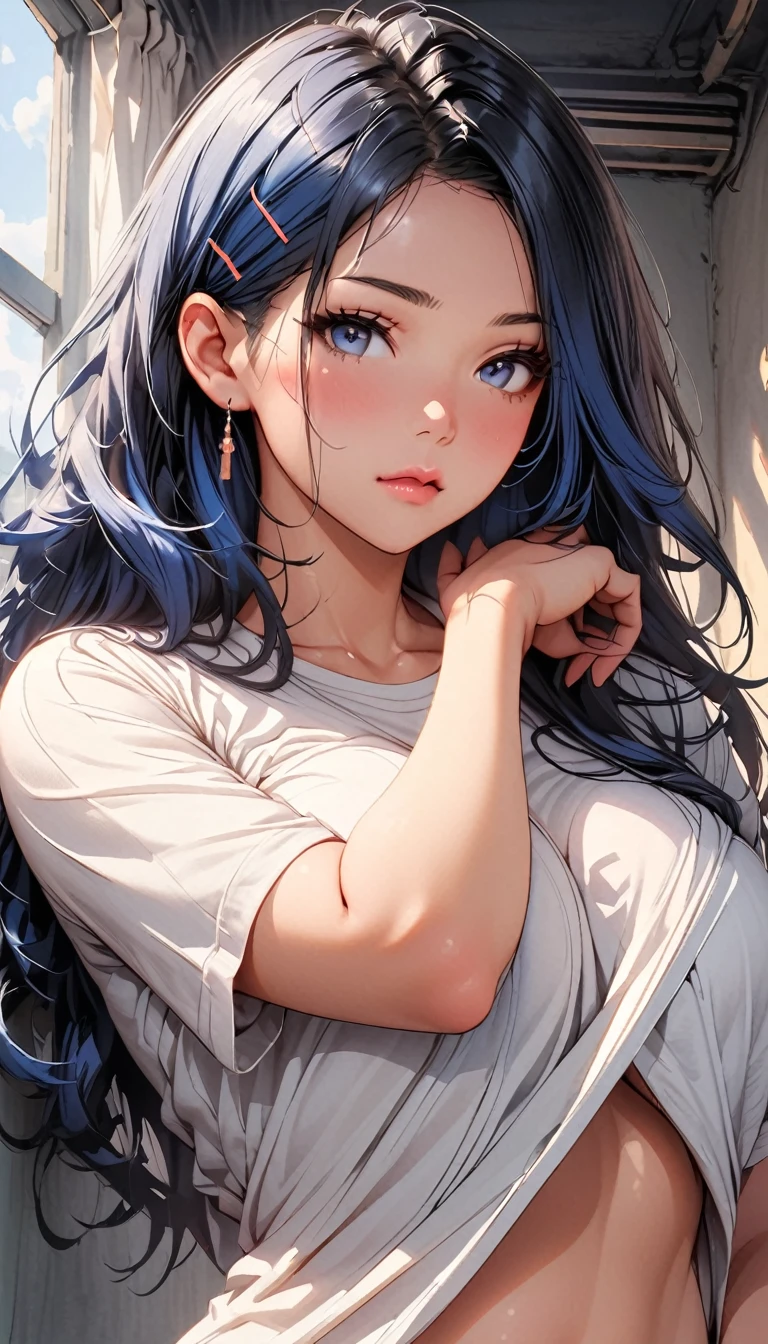 (Highest quality、masterpiece、High resolution、detailed), (Realistic skin texture:1.3), (detailedな目、Beautiful Face), 1 female, Delicate face, cute, One Girl, Blue Hair, ear, blue eyes, Garment Lift, alone, hair ornaments, Hair Clip, Long Hair, Lift your shirt, View your audience, lips, Pouting, I lifted it myself, Upper Body, Concave belly, White shirt,