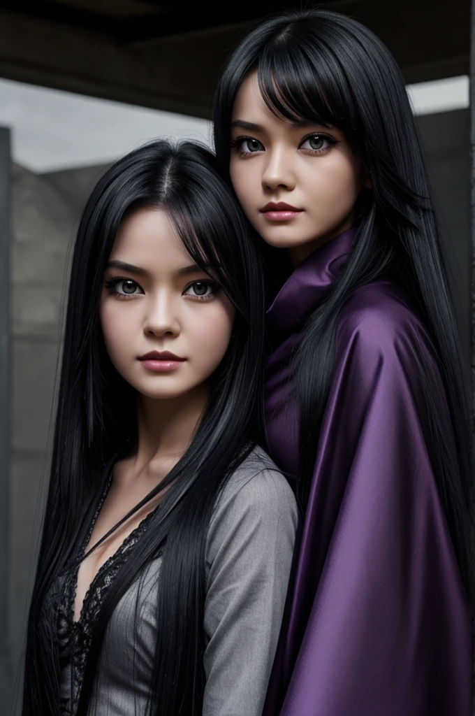 Girl long black hair and eyes grey with dragon dark evil purple
