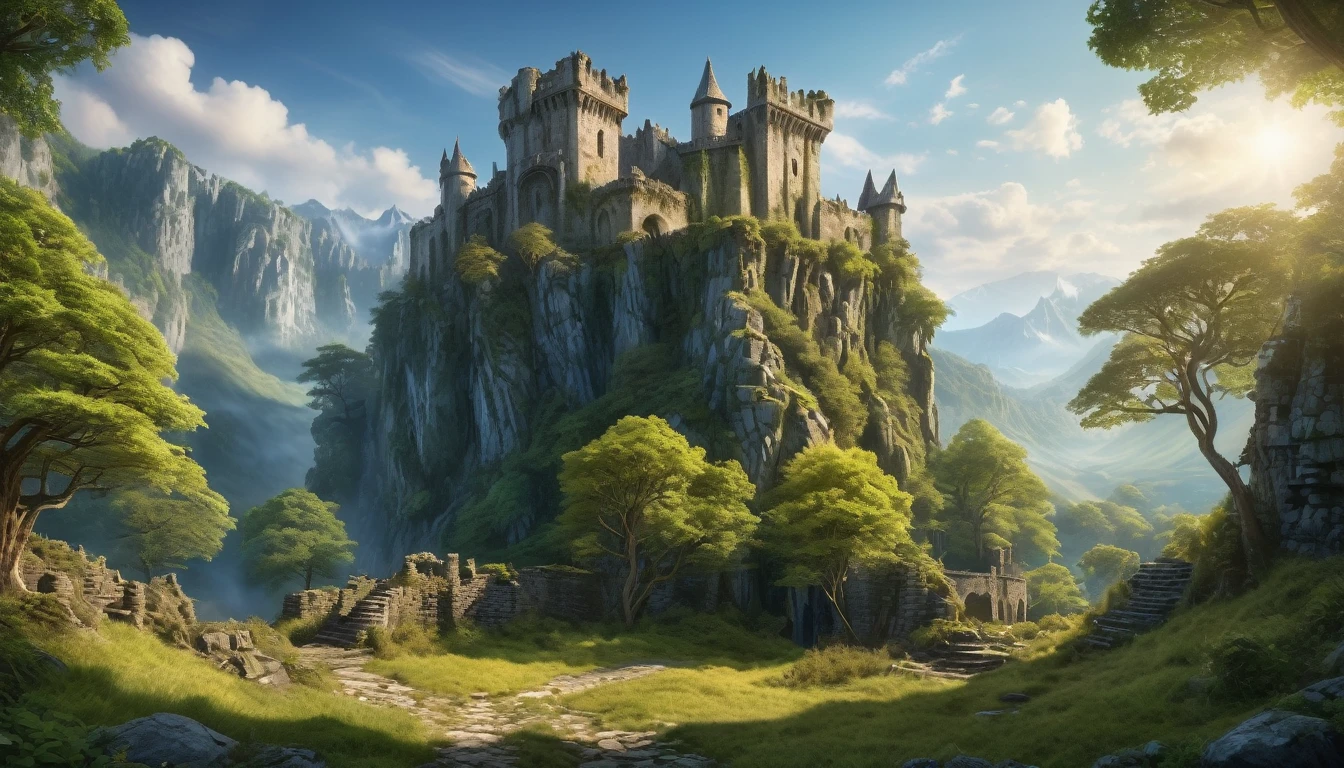wide angle, panoramic view, a detailed fantasy landscape, enchanted forests, majestic mountains, inspired by tolkien, in the style of john howe, ruins, ruined fortress, best quality, 4k, 8k, highres, masterpiece:1.2, ultra-detailed, realistic, photorealistic, photo-realistic:1.37, hdr, uhd, studio lighting, ultra-fine painting, sharp focus, physically-based rendering, extreme detail description, professional, vivid colors, bokeh, cinematic