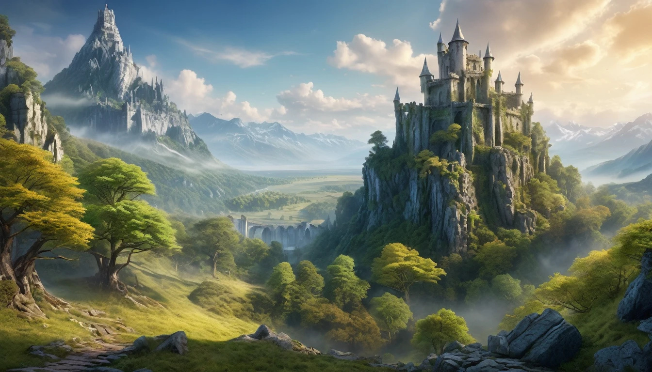 wide angle, panoramic view, a detailed fantasy landscape, enchanted forests, majestic mountains, inspired by tolkien, in the style of john howe, ruins, ruined fortress, best quality, 4k, 8k, highres, masterpiece:1.2, ultra-detailed, realistic, photorealistic, photo-realistic:1.37, hdr, uhd, studio lighting, ultra-fine painting, sharp focus, physically-based rendering, extreme detail description, professional, vivid colors, bokeh, cinematic