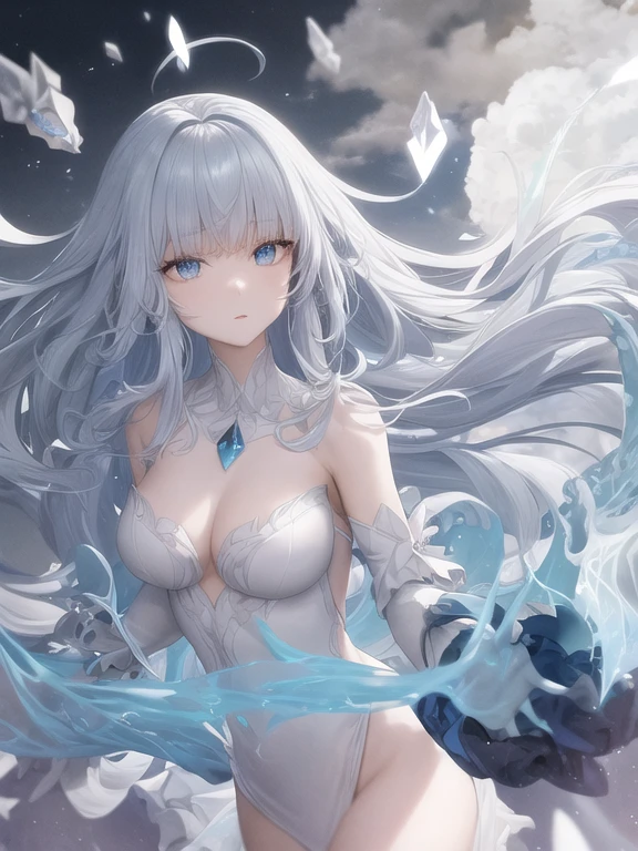 An air elemental gives the impression of an otherworldly being, her figure graceful and weightless, like a gentle breeze. Her hair, resembling strands of light mist, constantly moves as if influenced by an invisible wind. Her eyes emit a soft bluish glow, and her skin is translucent, shimmering like crystalline quartz through which one can see faint hints of drifting clouds.