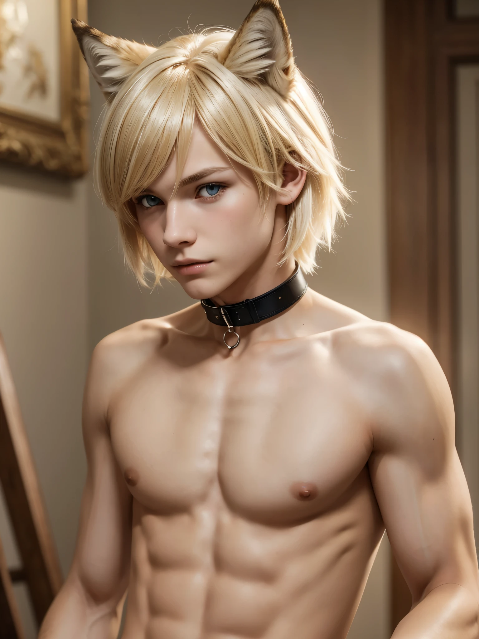 (best quality), 1boy, male, porcelain skin, blonde hair, short hair, straight hair, side swept bangs, brown eyes, perfect eyes, (wolf ears), (wolf tail), collar, wolfboy, skinny body, masterpiece, anatomically correct, highres
