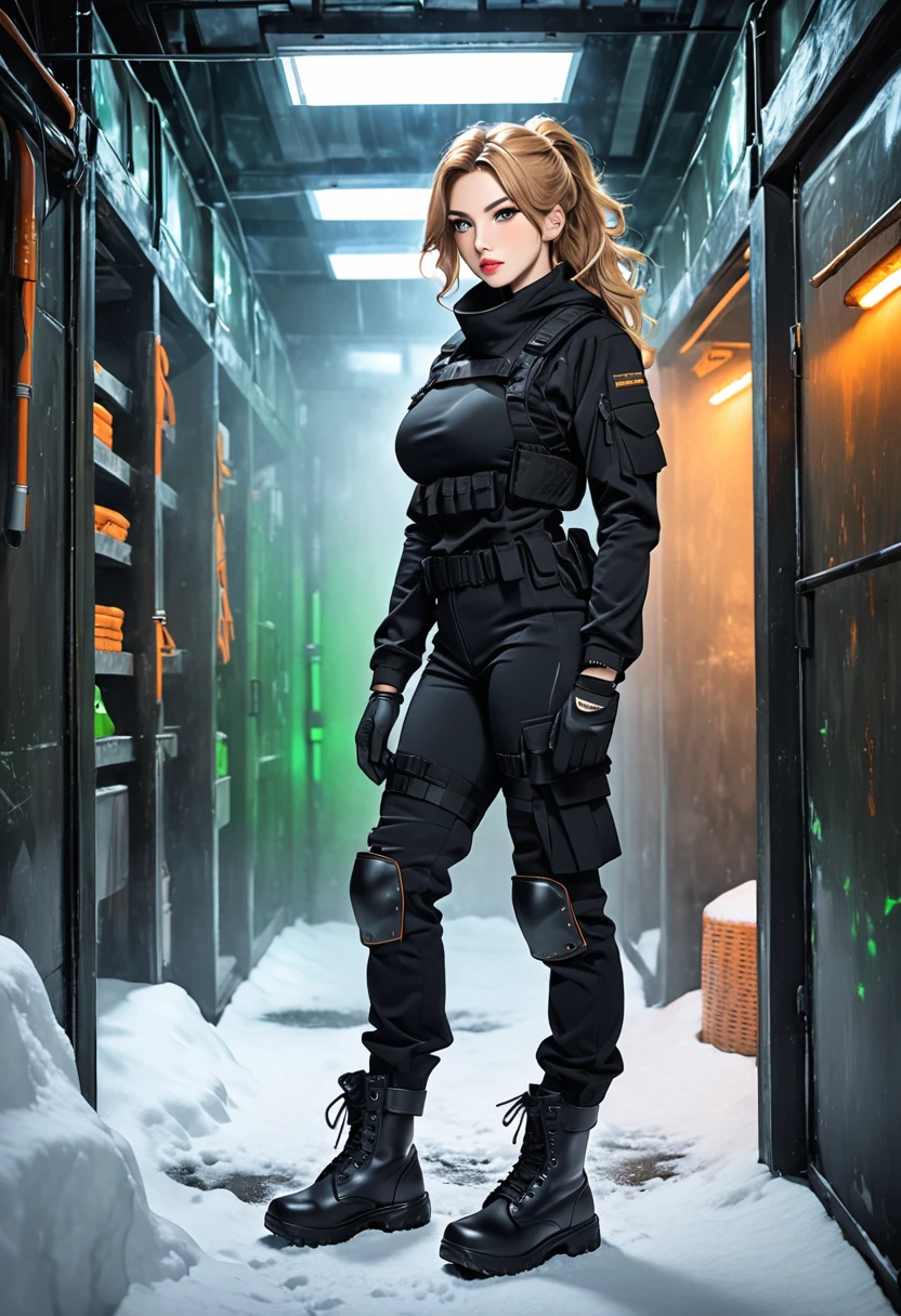 ((best quality)), ((artwork))
Age= Unknown. Appears late 20s
Height= 5' 3", 160 cm
Outfit= Black tactical uniform, black gloves, combat boots
Hair= Dark blonde, long
Eyes= Light orange and green, luminescent
Features= Female, greek features, busty, athletic, toned, full lips
Landscape=Dark and cold Room.