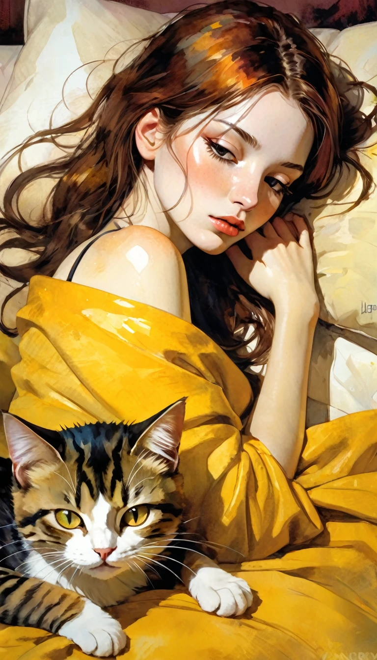 a sexy girl lying with a cat and a yellow blanket on her lap, 1 girl, sleeping, brown hair, eyes closed, pillow, lying down, blushing, hair ornament, alone, sideways, (best quality, masterpiece, ultra detailed, illustration 1.2), (8K wallpaper), (beautiful detailed eyes 1.2), beautiful, amazing and detailed eyes, (detailed skin) (simple oil painting in the style of Bill Sienkiewicz)

