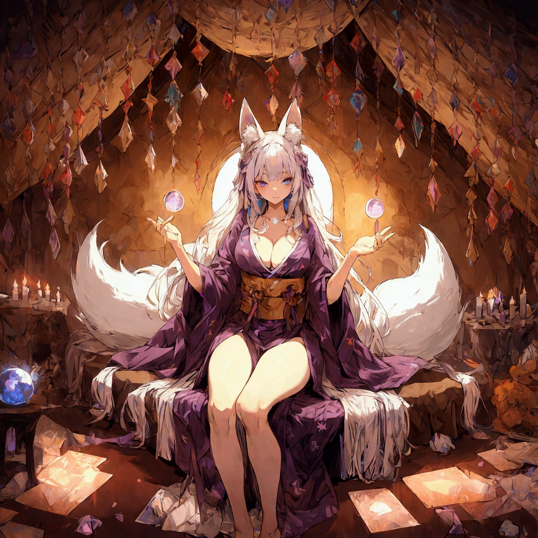 Defined female body, thick thighs, create the outfit that matches, short and long hair in white color, but with the color in blue and purple gradient at the ends, blue eyes. She has white fox ears and tail, but with blue color at the tips. Star mark on the forehead with the color blue.