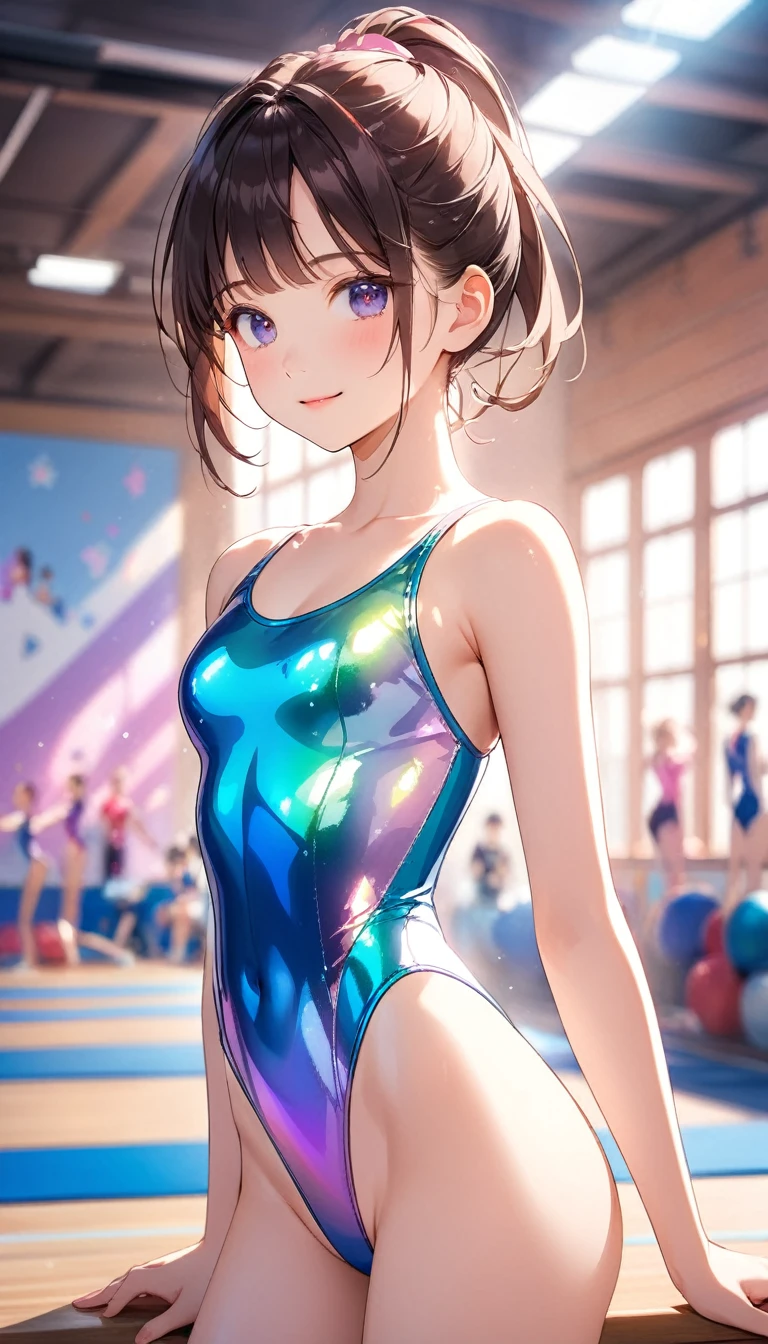 highquality illustration, masterpiece, very delicate and beautiful, attractive girl,(gymnastics leotard,long sleeve leotard with glittery decoration,high_leg leotard,athletic leotard,tight-fit leotard,iridescent gradient leotard,long sleeve leotard),thin,slender body,slim,high school,gymnasium background,gymnastics club,gymnastics athlete,princess, beautiful eyes,light smile,(masterpiece, best quality:1.2), highres, extremely detailed CG unity 8k wallpaper, perfect lighting, Colourful, ultra-high res,4K,ultra-detailed, photography, 8K, HDR, 17 ages,cowboy shot,