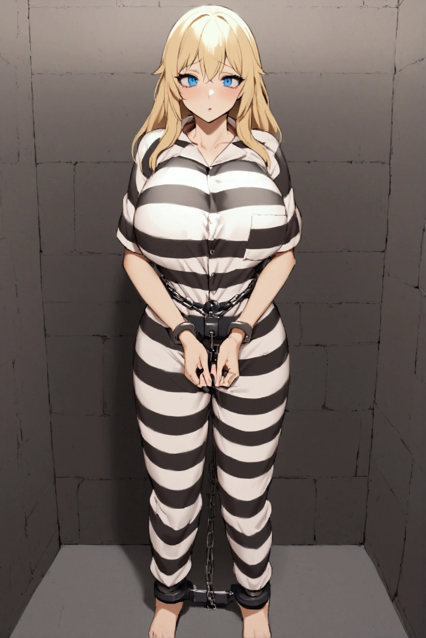 Huge breasts, Prisoner, Girl in prison, Imprisonmentされた, Imprisonment, Black and white prison jumpsuit, Handcuffed,Hands in front of the body,Shackles, Suppressed, bondage, be interested, Solitary confinement, rock, Long blonde hair, blue eyes