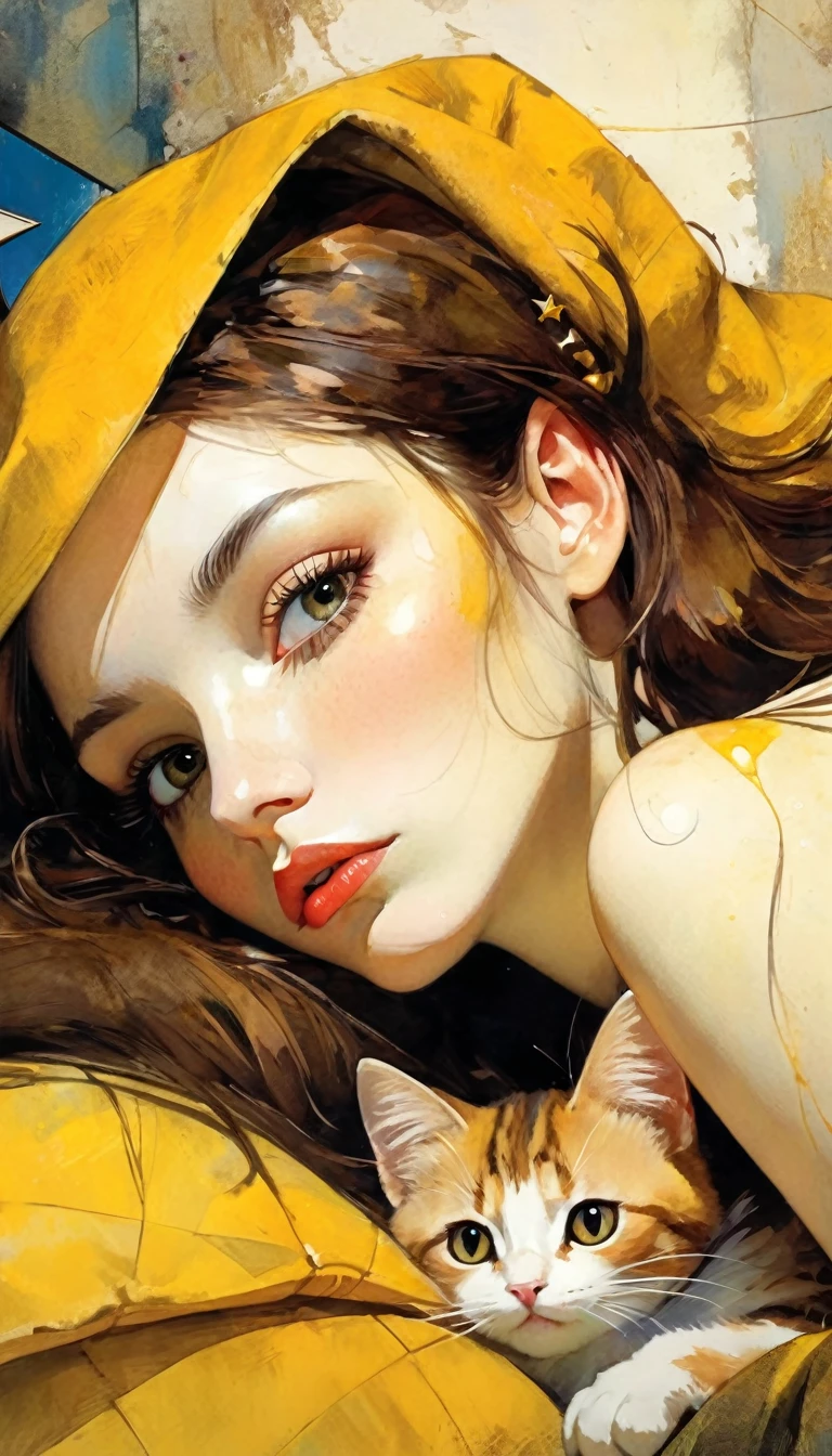a sexy girl lying with a cat and a yellow blanket on her lap, 1 girl, sleeping, brown hair, eyes closed, pillow, lying down, blushing, hair ornament, alone, sideways, sexy transparent nightgown, ??? sex sex( best quality, masterpiece, ultra detailed, illustration 1.2), (8K wallpaper), (beautiful detailed eyes 1.2), beautiful, amazing and detailed eyes, (detailed skin) (simple oil painting in the style of Bill Sienkiewicz)