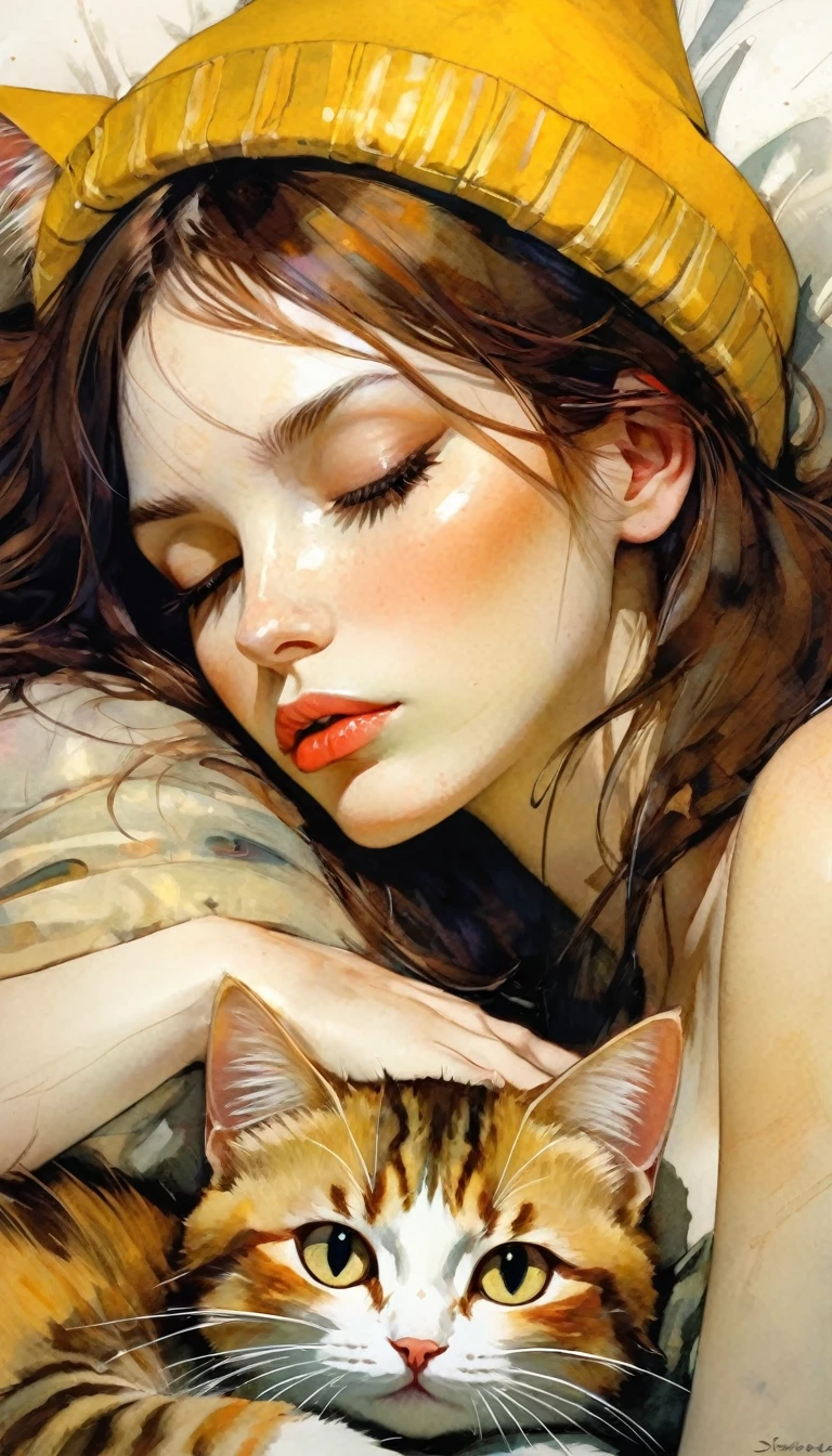 a sexy girl lying with a cat and a yellow blanket on her lap, 1 girl, sleeping, star (symbol), brown hair, eyes closed, hat, pillow, lying down, blushing, hair ornament, alone, sideways, ( best quality, masterpiece, ultra detailed, illustration 1.2), (8K wallpaper), (beautiful detailed eyes 1.2), beautiful, amazing and detailed eyes, (detailed skin) (simple oil painting in the style of Bill Sienkiewicz)