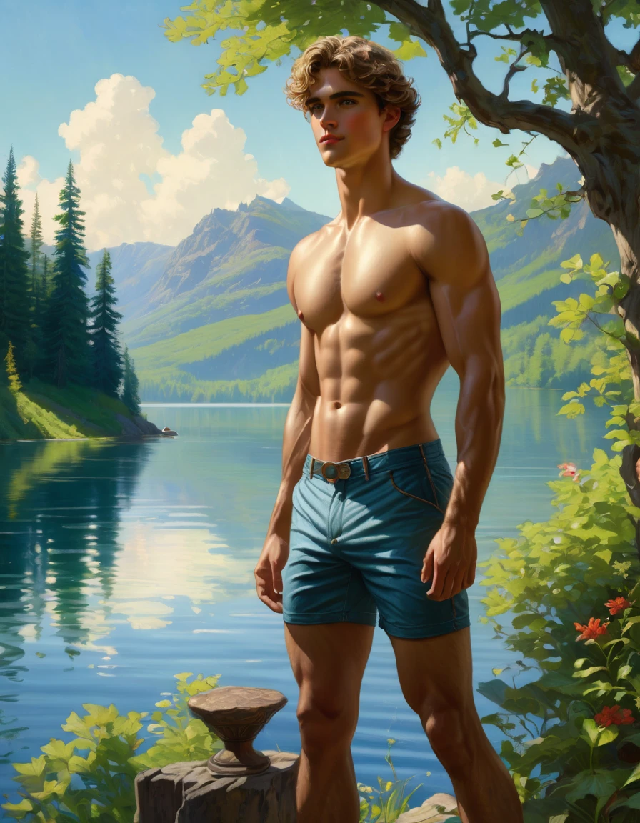 In Charles Courtney Curran art style, ultradetailde, ultrarealistic, hd, a beautifull lake with forest , a confident gaze, fourious look, of a young man, fullbody, wearing shorts, fitness, blue eyes, skinny ripped body, standing by the lake, latino blue eyes, gorgeous, barefoot, pantless, man, working in large windows to see the lake and forest art nouveau deco style ofice, trending on artstation, sharp focus, studio photo, intricate details, highly detailed, by greg rutkowski