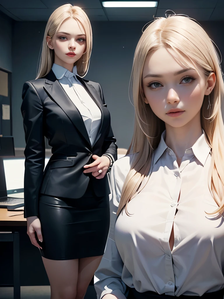 Black cosmetics saleswoman sitting at a meeting table showing cosmetics and makeup to her blonde client. The office has white walls with golden frames