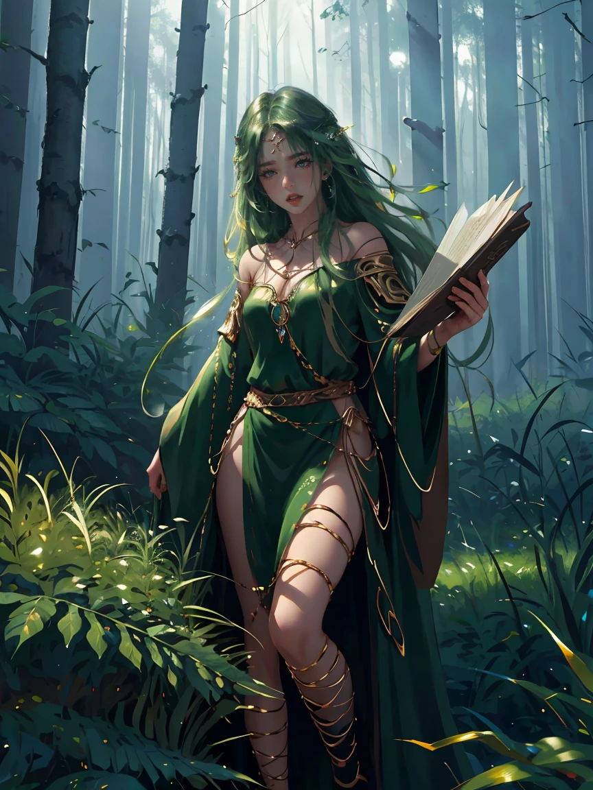 Long dark green hair, dark brown eyes, gloss lips, front look, close up, portrait, beautiful gold eyes, druid female, straight hair cut, clear skin, young years girl, adult girl, solo, very long hair, ankle length hair, handsome older WOMAN，Hyperresolution，accuracy，Detailed rendering,（Image of fine hair）（topquality）（Masterpieces of masters）（High degree of completeness）（A sense of atmosphere）tmasterpiece，Super detailed and super detailed（((half-body portrait)))(((Druid)))(Outlander)))(((Forest dweller)))