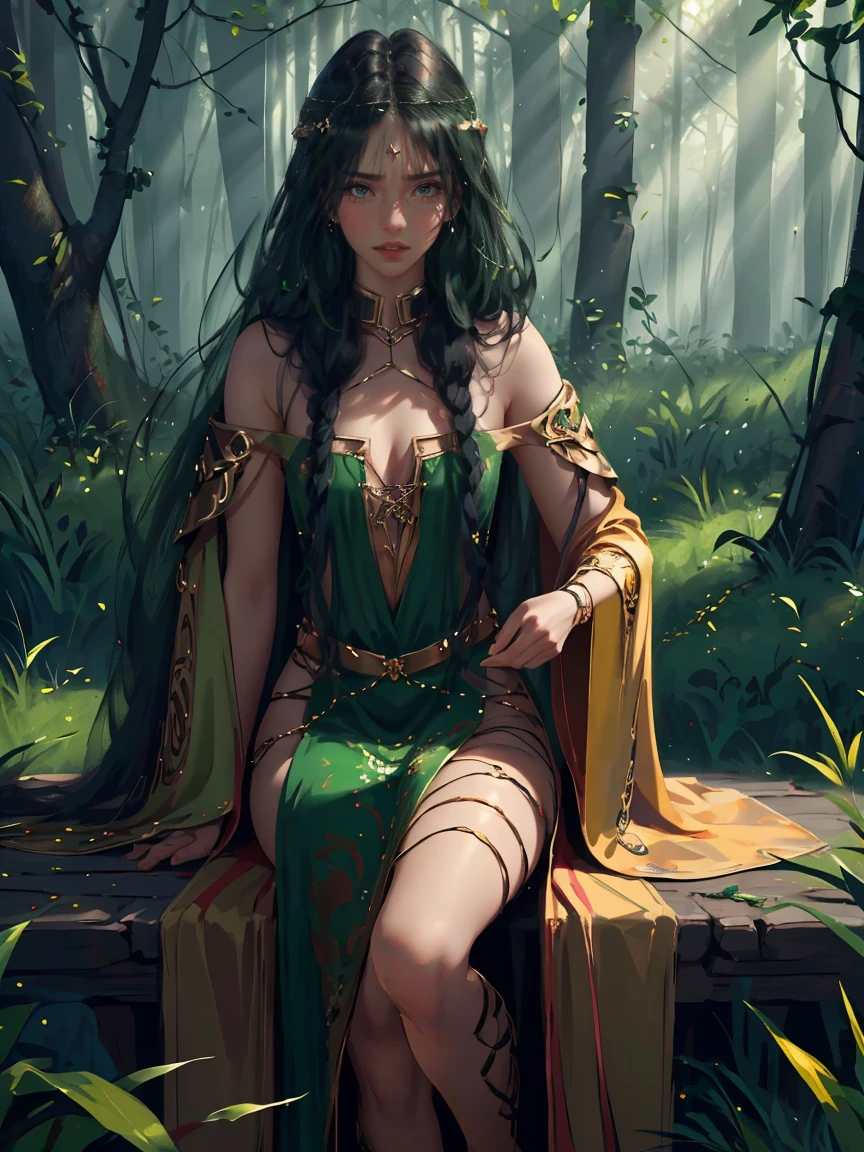Long dark green hair, dark brown eyes, gloss lips, front look, close up, portrait, beautiful gold eyes, druid female, straight hair cut, clear skin, young years girl, adult girl, solo, very long hair, ankle length hair, handsome older WOMAN,Hyperresolution,accuracy,Detailed rendering,(Image of fine hair)(topquality)(Masterpieces of masters)(High degree of completeness)(A sense of atmosphere)tmasterpiece,Super detailed and super detailed(((half-body portrait)))(((Druid)))(Outlander)))(((Forest dweller)))