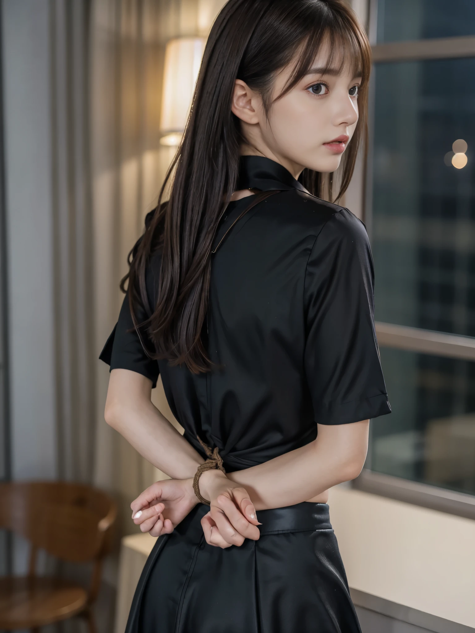 Kidnapped Woman、His hands are tied、((Place your hands behind your back))、((Place your hands together and cross them behind your back))、(((Her wrists are tied with rope、shibari)))、Beauty、20age、university student、(anatomicaly, Has two arms and two hands)、In a hotel room with the lights on、Stand by the window、Outside the window is the night sky、There are many stars、Wearing a short-sleeved blouse、Wear a skirt、Uniform eyes、Proportioned proportions、Model body type、Small breasts、Small face、(I can see from head to heel), Black Hair, bangs, swept bangs, Straight hair, Nervous, Messy Hair, Floating hair, Cinema Lighting, tachi-e, First-person view, throw, From behind, F/1.2, Nikon, Surrealism, 超High resolution, Highest quality, High resolution, 8k, Textured skin, anatomicaly正しい体,
