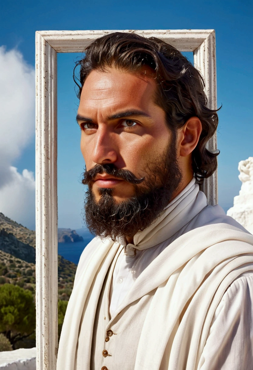A stunning 8K image depicting a unique blend of modern and ancient elements. In the foreground, a man with half his face replaced by the portrait of a bearded Greek philosopher, wearing soft white garments. The philosopher's image appears to be from an old, worn frame. The background is a surreal, white landscape that seems to stretch infinitely, creating a dreamlike atmosphere. The combination of the modern man and the ancient philosopher creates a sense of intrigue and an exploration of the coexistence of different time periods.