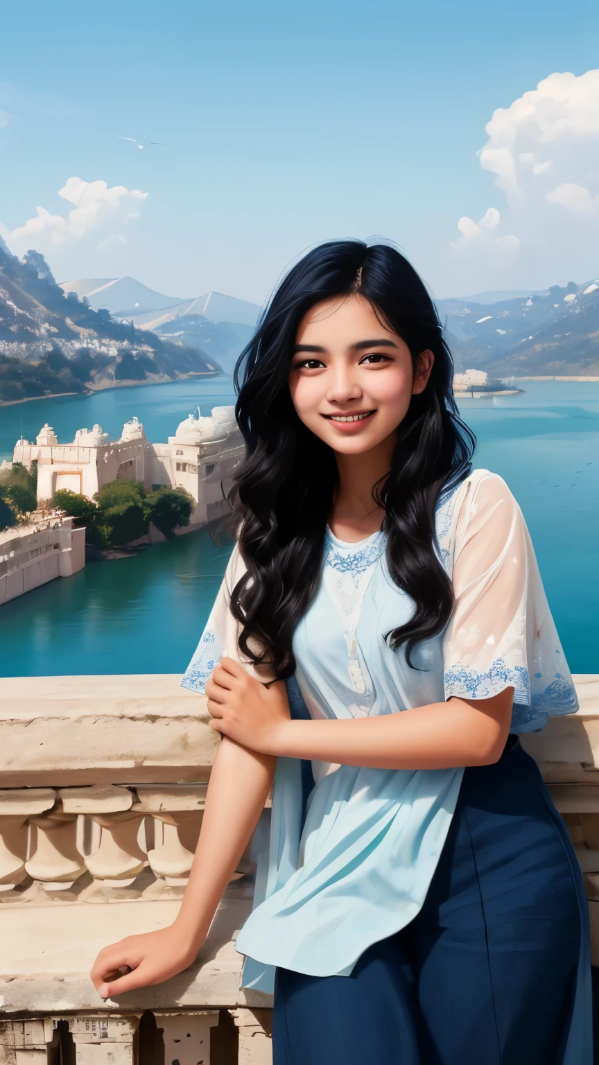 ((best quality)), ((masterpiece)), (detailed), A digital illustration of a teenage girl with long black hair smiling at a blue and white bird perched on her hand, with a background of Udaipur city.