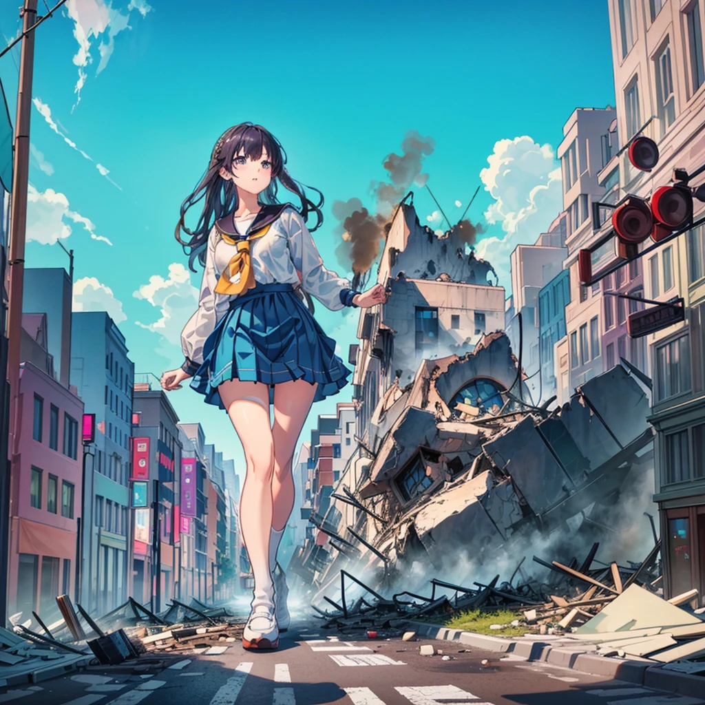  18 jear old black Girl sit in destroyed city  turned into a giant taller than buildings with belly 