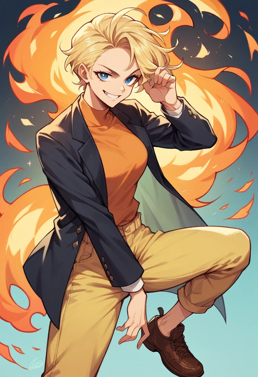 cool badass girl with blonde long middle hair, blue eyes, orange shirt, black blazer, dark yellow pants, brown shoes, cool smile with fire, no background