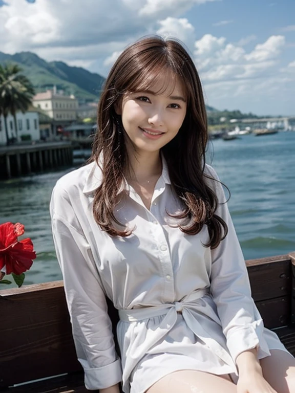 Cute woman、White shirt、mile、Open chest shirt、(A wet shirt with underwear showing through)、Wet Hair、Gazing at the sea、smile、Hibiscus flower、On the boat

