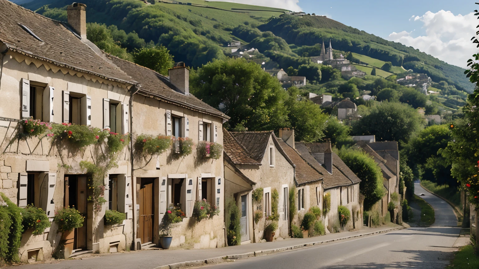 il y a une  ville sur une colline avec un clocher, Paysage médiéval français, Paysage du sud de l’Europe, village, voyager en france, by William Didier-Pouget, un petit village médiéval, Pittoresque, by Raphaël Collin, extérieur du village français, Pittoresque village, par Robert Registrar, by François Girardon, par Bernard D&#39;Andréa