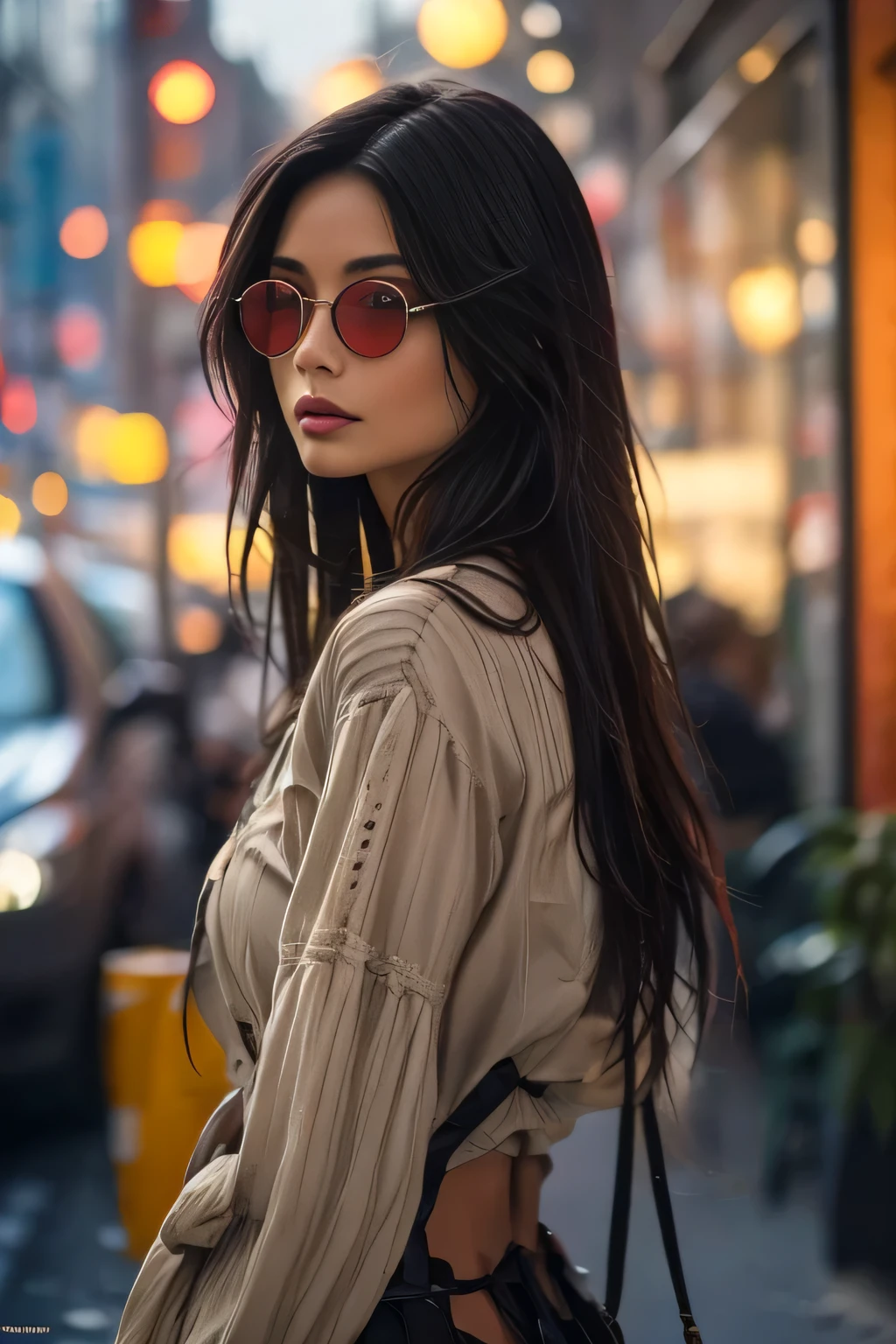 Magnifique femme avec des cheveux longs lissé et noirs, elle porte une frange devant le frond, des grosses lunettes noires sur son nez, un regard envoûtant reflétant la femme pétillante qu'elle est. Une rouge à lèvres rouge, du maquillage sur les joues, un dégradé holographique sur les bras, un haut top à dentelle et très chic. Photographie réaliste prise avec un Canon. On peut voir le décor de la ville derrière. Il fait nuit éclairé par des lumières néon. La jeune femme boit un milkshake au chocolat avec une paille multicolore 
