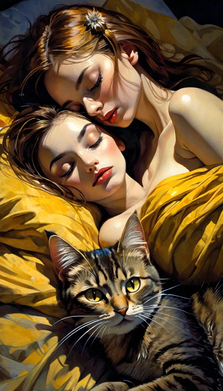 a sexy girl lying with a cat and a yellow blanket on her lap, 1 girl, sleeping, brown hair, eyes closed, pillow, lying down, blushing, hair ornament, alone, sideways, (best quality, masterpiece, ultra detailed, illustration 1.2), (8K wallpaper), (beautiful detailed eyes 1.2), beautiful, amazing and detailed eyes, (detailed skin) eroticism, sexy,  between shadows, oil painting, chiaroscuro, sensual, dramatic lighting, moody atmosphere, photorealistic, intricate details, masterpiece, ultra-detailed, high quality, 8k, best quality, realistic, cinematic, dark and brooding, expressionistic, powerful composition, emotional impact, Bill Sienkiewicz inspired art
