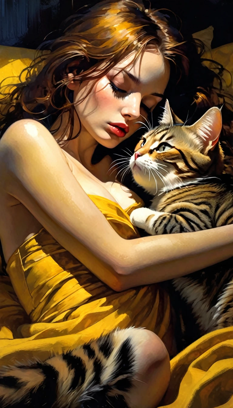 a sexy girl lying with a cat and a yellow blanket on her lap, 1 girl, sleeping, brown hair, eyes closed, pillow, lying down, blushing, hair ornament, alone, sideways, (best quality, masterpiece, ultra detailed, illustration 1.2), (8K wallpaper), (beautiful detailed eyes 1.2), beautiful, amazing and detailed eyes, (detailed skin) eroticism, sexy, between shadows, oil painting, chiaroscuro, sensual, dramatic lighting, moody atmosphere, photorealistic, intricate details, masterpiece, ultra-detailed, high quality, 8k, best quality, realistic, cinematic, dark and brooding, expressionistic, powerful composition, emotional impact, Bill Sienkiewicz inspired art
