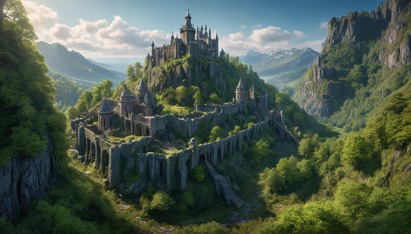 wide angle, panoramic view, detailed fantasy landscape, enchanted forests, majestic mountains, tolkien inspired, warhammer style, ruins, ancient fortress, monumental building, fortress built into mountainside, best quality, 4k, 8k, highres, masterpiece:1. 2, ultra detailed, realistic, photorealistic, photorealistic:1.37, hdr, uhd, studio lighting, ultra accurate painting, sharpness, physics-based rendering, extreme detail description, professional, dark colors, bokeh, cinematic