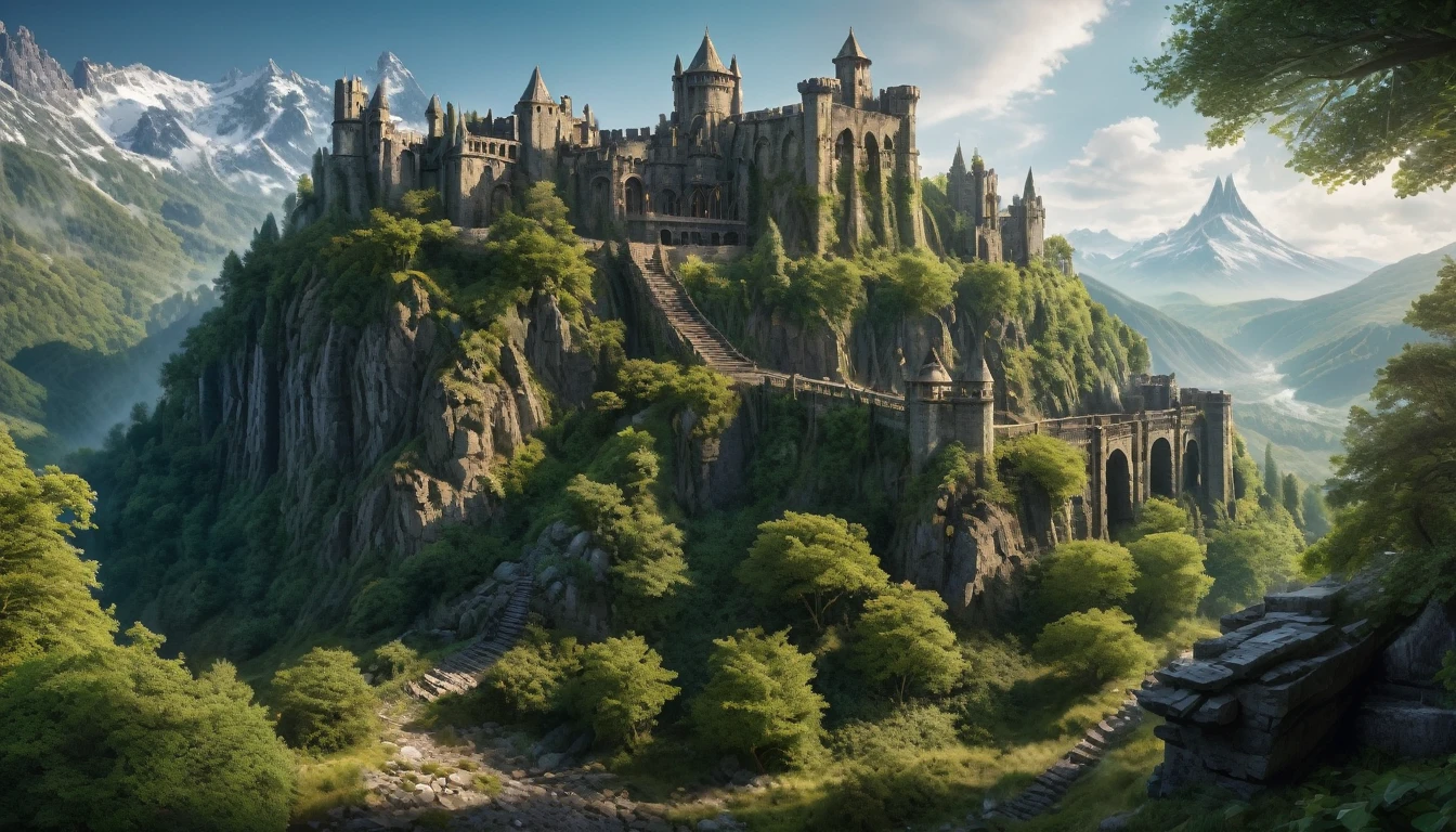 wide angle, panoramic view, detailed fantasy landscape, enchanted forests, majestic mountains, tolkien inspired, warhammer style, ruins, ancient fortress, monumental building, fortress built into mountainside, best quality, 4k, 8k, highres, masterpiece:1. 2, ultra detailed, realistic, photorealistic, photorealistic:1.37, hdr, uhd, studio lighting, ultra accurate painting, sharpness, physics-based rendering, extreme detail description, professional, dark colors, bokeh, cinematic