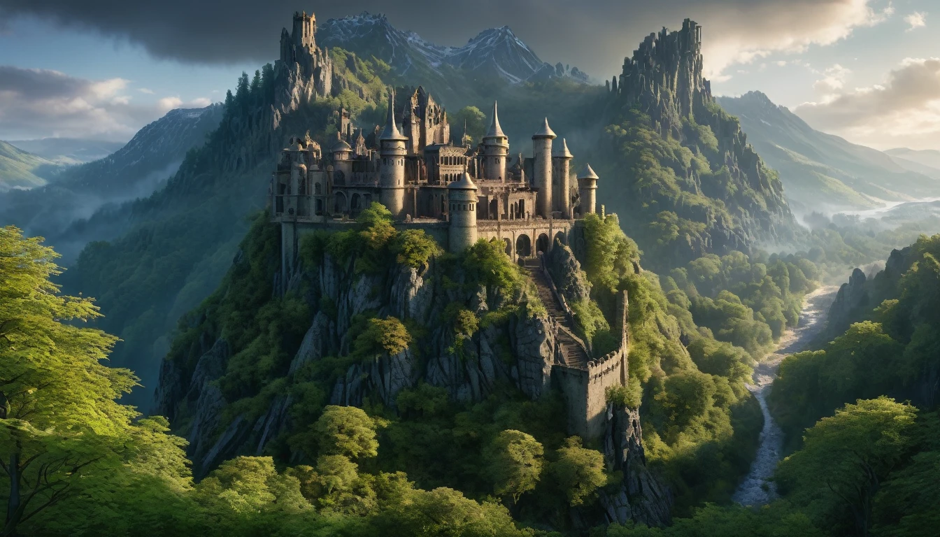 wide angle, panoramic view, detailed fantasy landscape, enchanted forests, majestic mountains, tolkien inspired, warhammer style, ruins, ancient fortress, monumental building, fortress built into mountainside, best quality, 4k, 8k, highres, masterpiece:1. 2, ultra detailed, realistic, photorealistic, photorealistic:1.37, hdr, uhd, studio lighting, ultra accurate painting, sharpness, physics-based rendering, extreme detail description, professional, dark colors, bokeh, cinematic