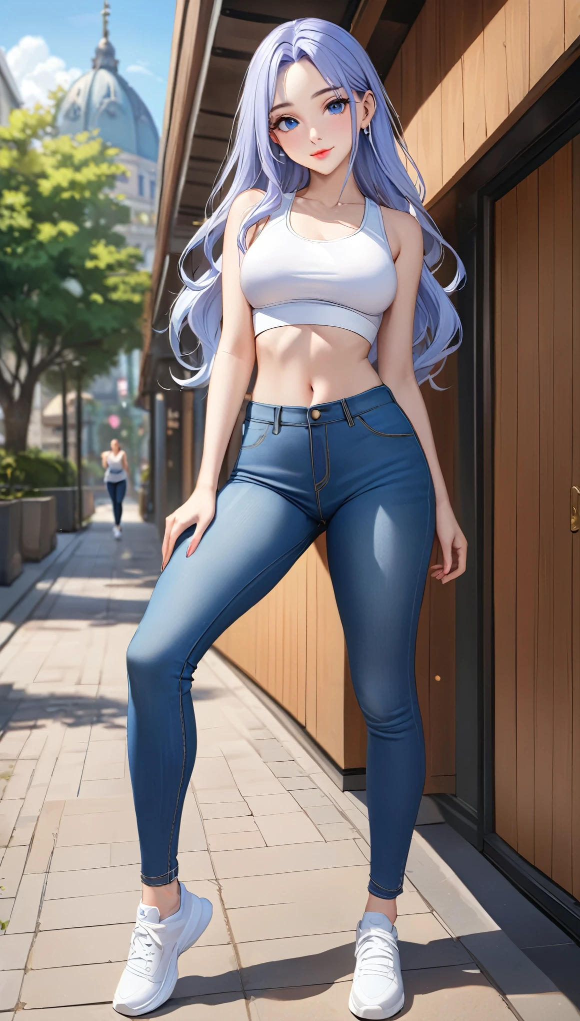 ((best quality, masterpiece:1.3, 8K)), (detailed), highly detailed face and skin texture, detailed eyes, full body, outdoor, (slender body:1.1), 1girl, (solo), (18+ years old), white skin, bright lips, seductive smile, long hair, athleisure outfit, medium breast, (jeans pants),