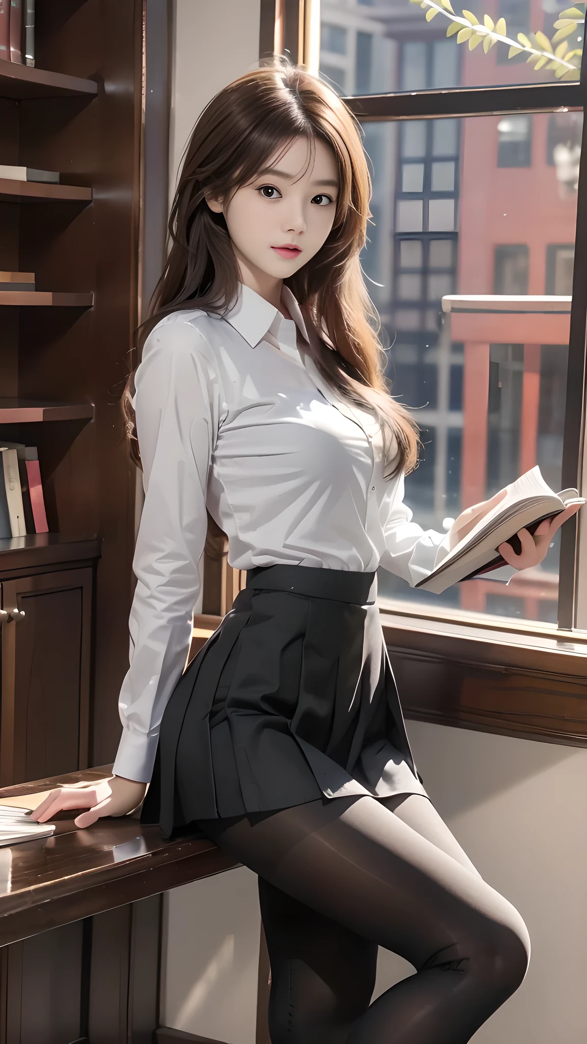 ulzzang-6500-v1.1, (RAW photo: 1.2), (Real photo), (Real photo: 1.4), 1 girl、Perfect anatomy、20 years old、Looking at the camera、Medium length hair、Uniform skirt, skirt, Reading a book, ((reading room: 1.1))、(Hyperrealistic tights: 1.2), (Business service)、Asian eyes Ella,