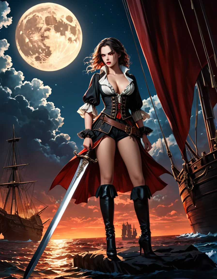 a portrait of a woman vampire pirate holding a (( bloody sword: 1.5)) on a pirate ship ready for battle, ((full body: 1.5)), ((anatomically correct: 1.5)), (ultra detailed face: 1.2), looking tense, looking dangerous, dynamic eye color, glowing eyes, dynamic hair color, dynamic hair style dynamic skin complexion, wearing 18th century white button shirt, with ((stains of blood: 1.3)), busty , wearing wearing high heeled boots, it is night time at sea, moon is high, some clouds,18th century pirate ship background, vibrant, Ultra-high resolution, High Contrast, (masterpiece:1.5), highest quality, Best aesthetics), best details, best quality, highres, 16k, (ultra detailed: 1.5), masterpiece, best quality, (extremely detailed) RAW, (ultra details, Masterpiece, best quality), Hyperrealism style, holding sword, Intense gaze, holding sword rapier, vampire teeth, BloodSoakedAI, holding sword, Dark Art Painting Style