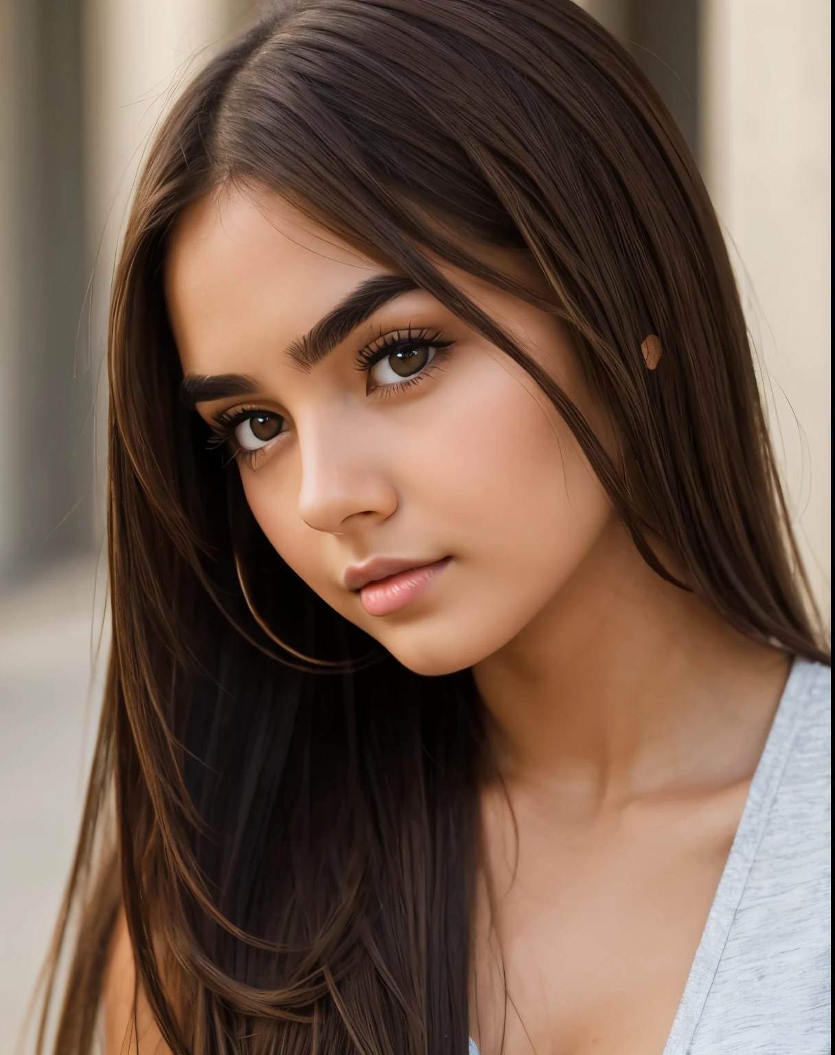 a girl with deep brown eyes, long blowed hairs, eyebrows are thick, 