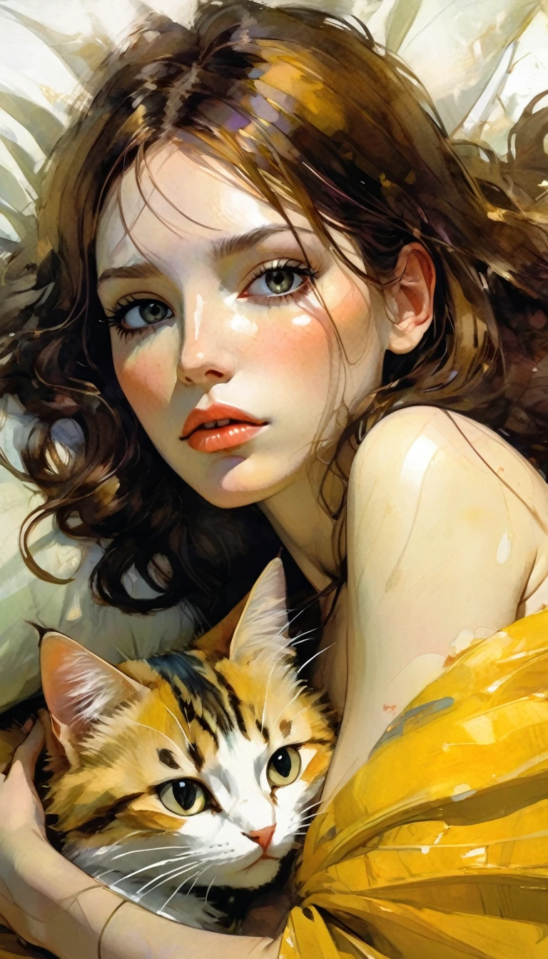 a sexy girl lying with a cat and a yellow blanket on her lap, 1 girl, sleeping, brown hair, eyes closed, pillow, lying down, blushing, hair ornament, alone, sideways, sexy transparent nightgown, sex sex sex( best quality, masterpiece, ultra detailed, illustration 1.2), (8K wallpaper), (beautiful detailed eyes 1.2), beautiful, amazing and detailed eyes, (detailed skin) (simple oil painting in the style of Bill Sienkiewicz)