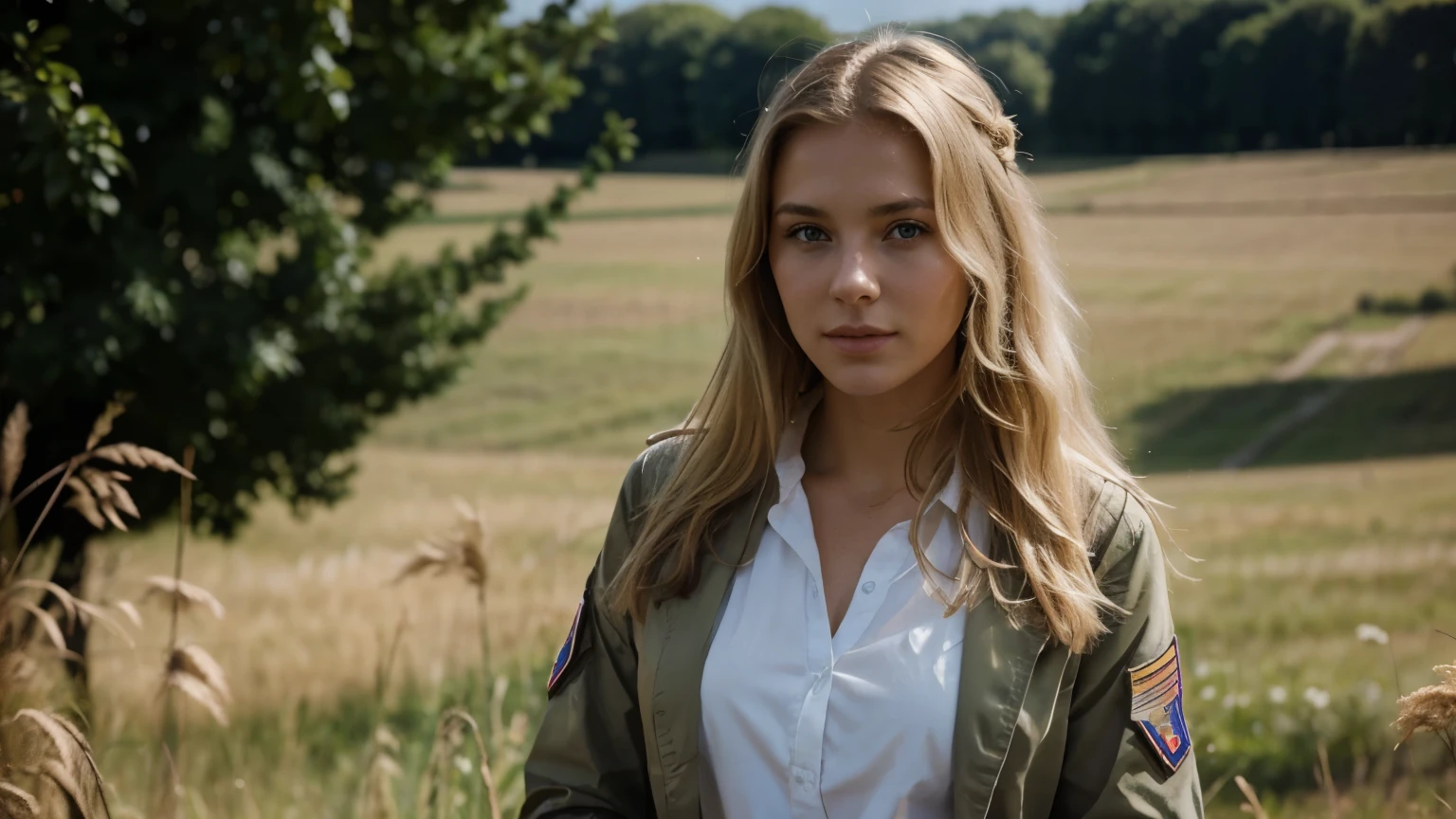 pretty young French woman, blond hair, militaire dans la campagne