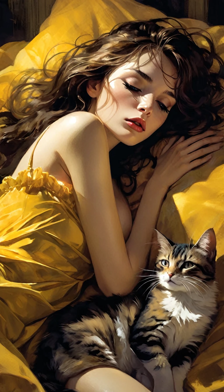 a sexy girl lying with a cat and a yellow blanket on her lap, 1 girl, sleeping, brown hair, eyes closed, pillow, lying down, blushing, hair ornament, alone, sideways, sexy transparent nightgown, sex sex sex( best quality, masterpiece, ultra detailed, illustration 1.2), (8K wallpaper), (beautiful detailed eyes 1.2), beautiful, amazing and detailed eyes, (detailed skin) eroticism, sexy, black and white image, between shadows, oil painting, chiaroscuro, sensual, dramatic lighting, moody atmosphere, photorealistic, intricate details, masterpiece, ultra-detailed, high quality, 8k, best quality, realistic, cinematic, dark and brooding, expressionistic, powerful composition, emotional impact, Bill Sienkiewicz inspired art