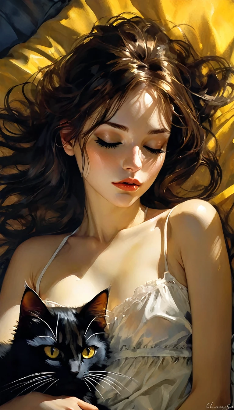 a sexy girl lying with a cat and a yellow blanket on her lap, 1 girl, sleeping, brown hair, eyes closed, pillow, lying down, blushing, hair ornament, alone, sideways, sexy transparent nightgown, sex sex sex( best quality, masterpiece, ultra detailed, illustration 1.2), (8K wallpaper), (beautiful detailed eyes 1.2), beautiful, amazing and detailed eyes, (detailed skin) eroticism, sexy, black and white image, between shadows, oil painting, chiaroscuro, sensual, dramatic lighting, moody atmosphere, photorealistic, intricate details, masterpiece, ultra-detailed, high quality, 8k, best quality, realistic, cinematic, dark and brooding, expressionistic, powerful composition, emotional impact, Bill Sienkiewicz inspired art

