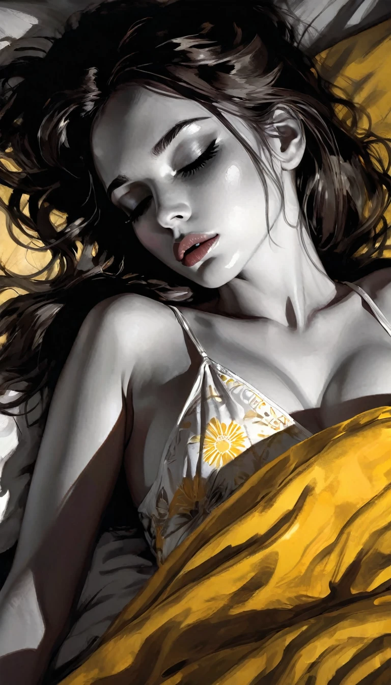 a sexy girl lying with a cat and a yellow blanket on her lap, 1 girl, sleeping, brown hair, eyes closed, pillow, lying down, blushing, hair ornament, alone, sideways, sexy transparent nightgown, sex sex sex( best quality, masterpiece, ultra detailed, illustration 1.2), (8K wallpaper), (beautiful detailed eyes 1.2), beautiful, amazing and detailed eyes, (detailed skin) eroticism, sexy, black and white image, between shadows, oil painting, chiaroscuro, sensual, dramatic lighting, moody atmosphere, photorealistic, intricate details, masterpiece, ultra-detailed, high quality, 8k, best quality, realistic, cinematic, dark and brooding, expressionistic, powerful composition, emotional impact, Bill Sienkiewicz inspired art

