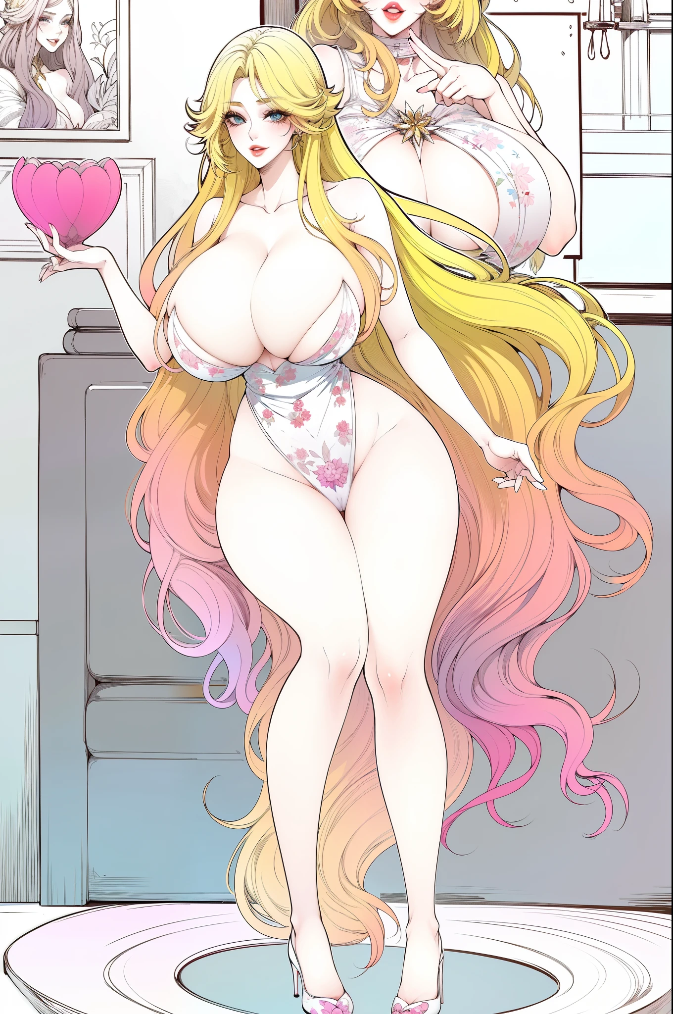 An extremely beautiful stunning woman with a perfect busty body, gold blonde long silky hair, big blue eyes, extremely super bright snow white fair stunning glowing lush shiny white flawless skin, a perfect tight hourglass figure, and a skinny waist, sexy thick smooth luscious legs and thighs, pink puffy round lips, NAKED NUDE PINK NIPPLES, AND SHAVED VAGINA, yellow heels, standing straight, extremely cute smile on the face, bright pink blushes on cheeks, plain wall in the background, show full body from head to feet.